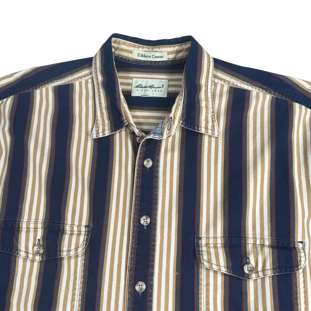 Eddie Bauer Elkhorn Canvas Striped Shirt Mens Long Sleeve Button‎ Up
